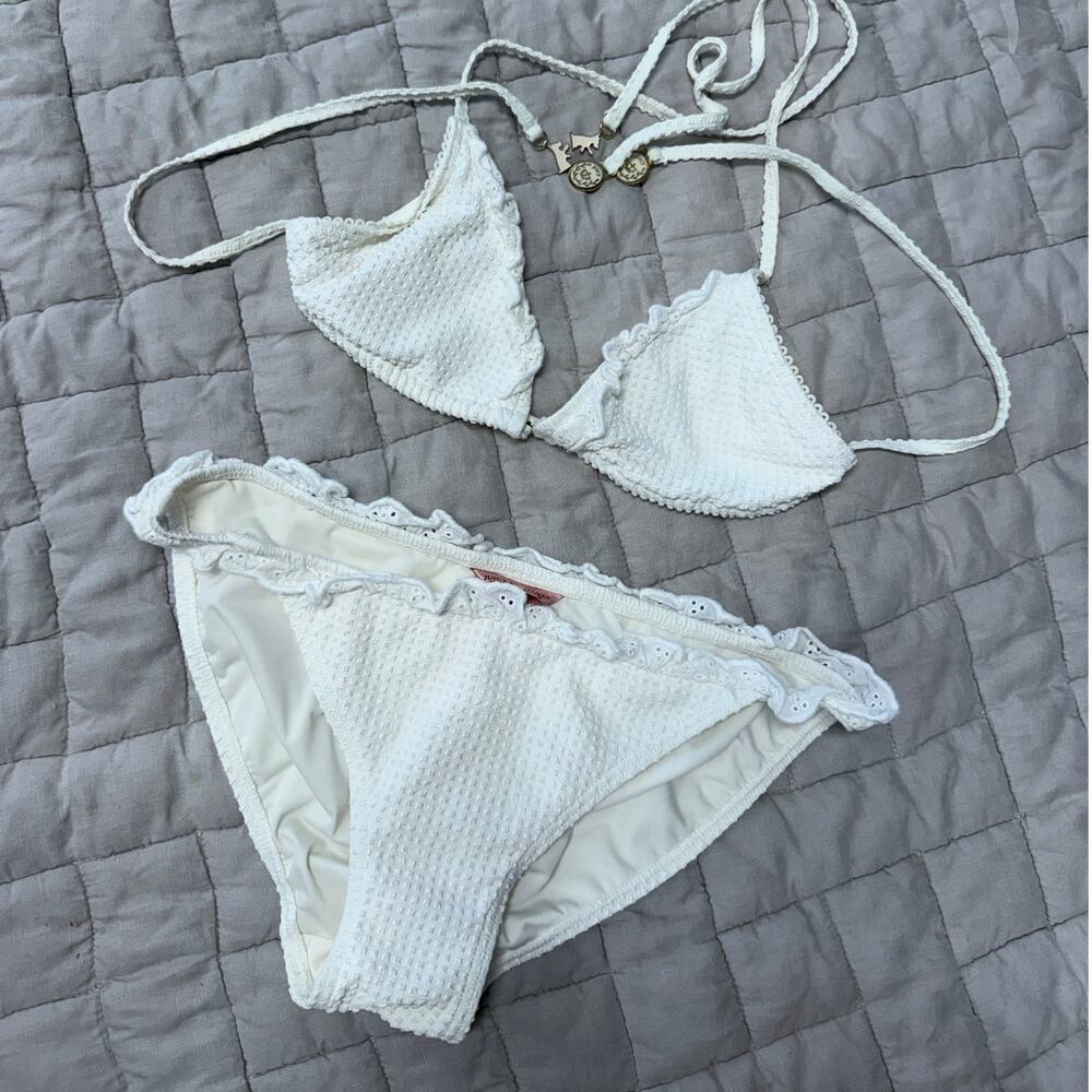 Juicy Couture Bikini Y2k White Eyelet String Ruffle Swimsuit Size Medium M
